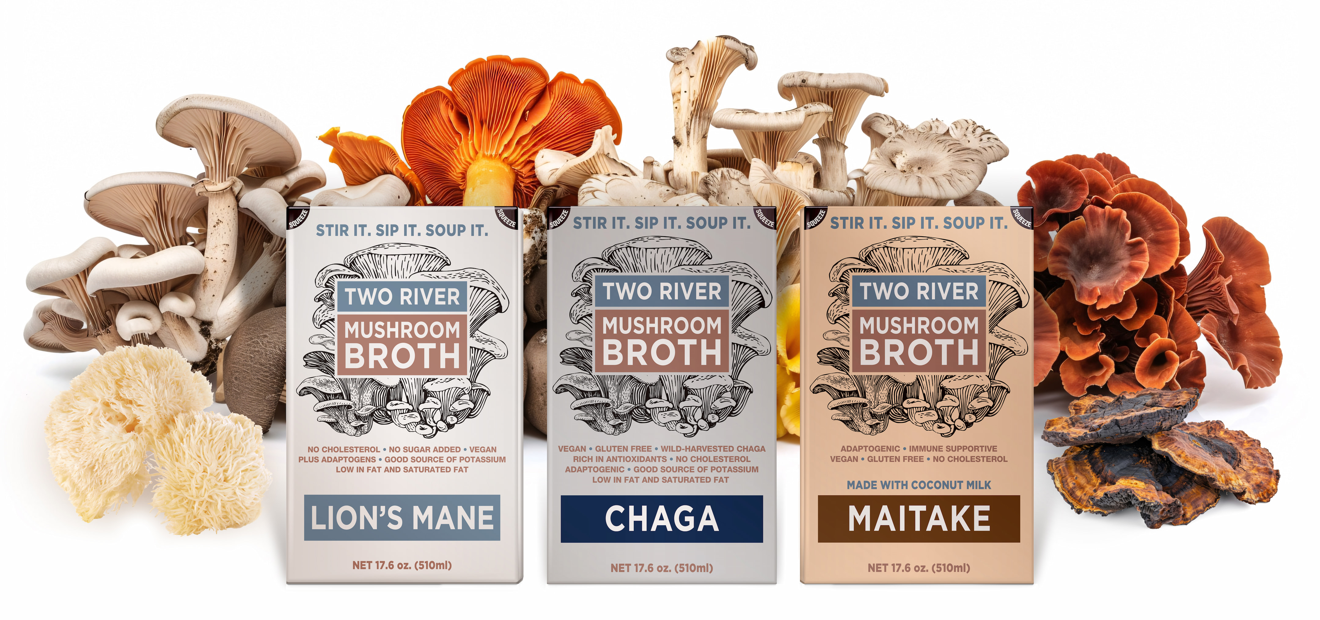 Two River Mushroom Broth — Lion’s Mane, Chaga, and Maitake cartons with the mushrooms they’re made from